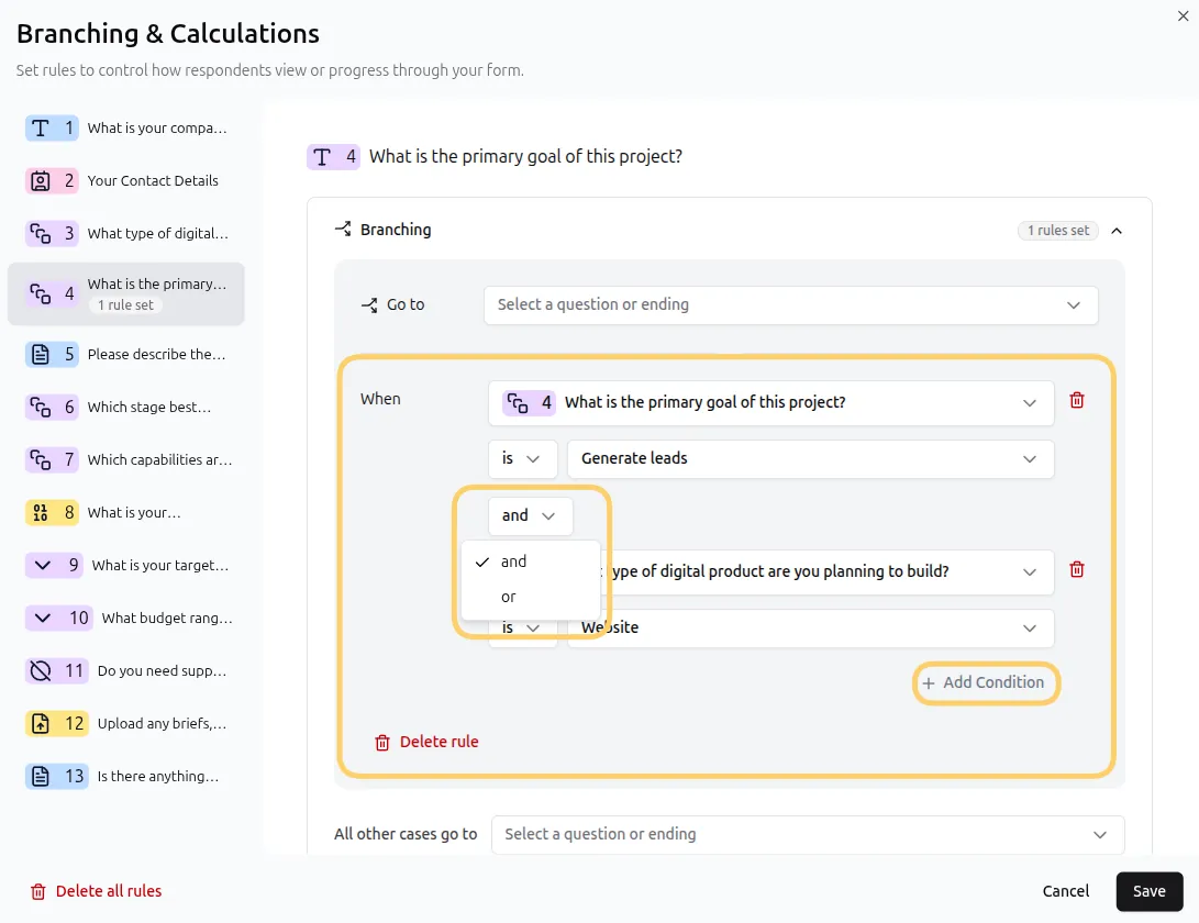 Conditions array with and/or selection