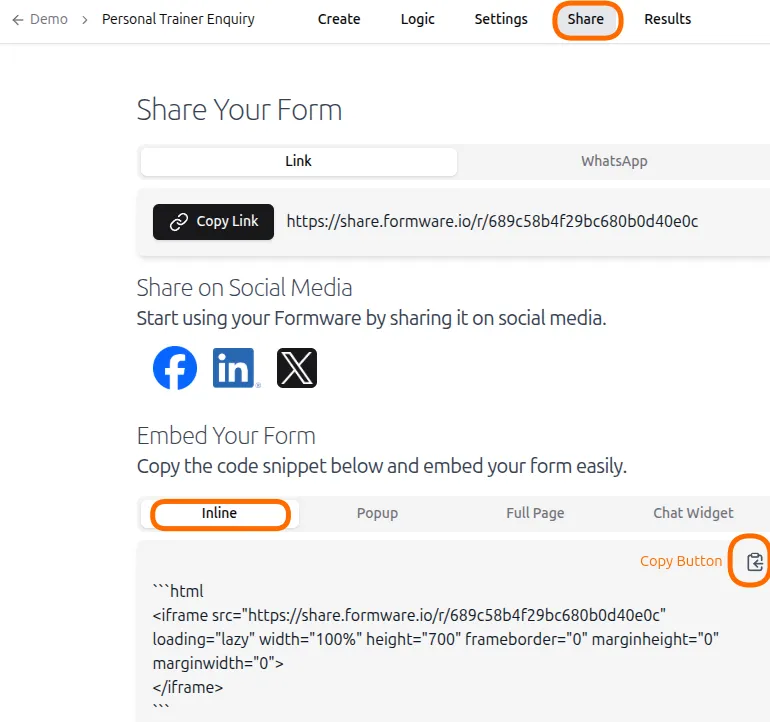Copy iframe embed code