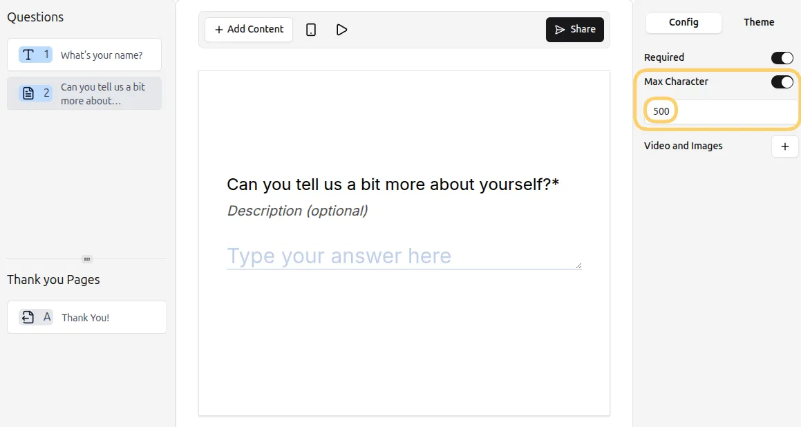 Long Text Question with max character