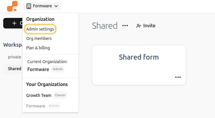 Open Organization Admin Menu
