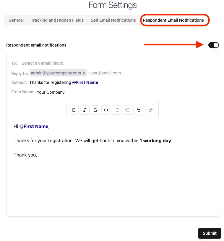 Toggle Respondent Email Notifications On/Off